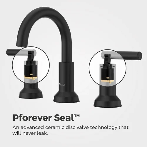 Vista 6 de Grifo para lavabo de baño Pfister Capistrano, 8 pulgadas de separación amplia, 2 manijas, 3 orificios, certificado NSF, acabado negro mate Spot Spot