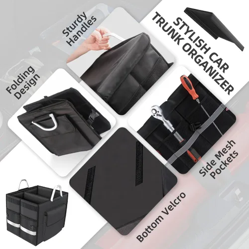 Vista 6 de Organizador de maletero de automóvil de 55 litros con rayas reflectantes. Organizador plegable de poliéster 1680D con asas reforzadas, plegable