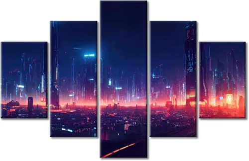 Vista 197 de Cuadros de 5 paneles de Cyberpunk City, arte de pared, representación de vallas publicitarias, edificios modernos en la capital con obras de arte