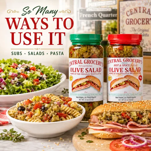 Vista 6 de Central Grocery - Ensalada de aceitunas – Combo de 16 onzas – Ensalada de aceitunas caliente y original – Perfecto para muffulettas, sándwiches