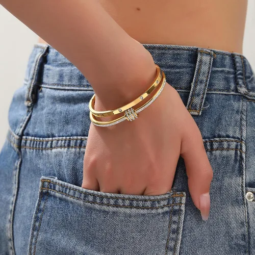 Vista 6 de Pulsera de acero inoxidable para mujer, chapada en oro, con cubo, bisagra de circón, joyería ovalada, testigo del regalo del amor