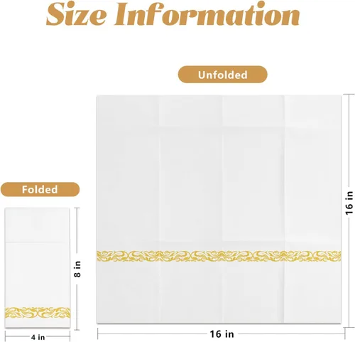 Vista 3 de KAMMAK Servilletas de papel para cena blancas con bolsillo, desechables, paquete de 100 unidades, con ribete amarillo, sensación de lino