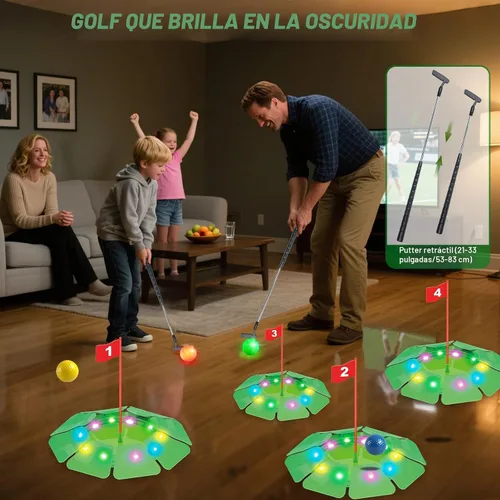 Vista 3 de Juego de golf iluminado VATOS - Mini juguete de golf con brillo con 4 agujeros LED, 4 bolas (2 brillantes), putter extensible, construye tu propio