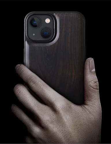 Vista 2 de Carveit Funda magnética de madera para iPhone 13 Mini [madera natural y TPU suave negro] funda protectora de madera única y elegante a prueba