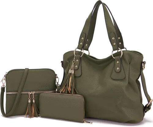 Vista 11 de Qiyuer - Juego de bolsos y carteras para mujer: bolso grande tipo bandolera, bolso tipo hobo y cartera, 3 piezas A01-3pcs/Set Gris