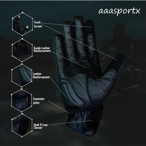 Vista 4 de Guantes de motocicleta para hombres y mujeres, dedo completo, color negro, perforado, de cuero, para pantalla táctil, guantes de motocicleta