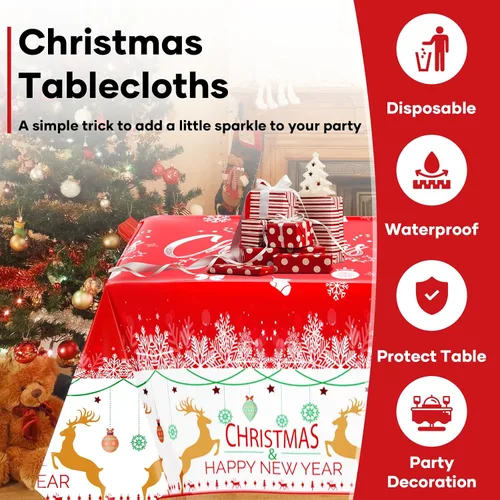 Vista 5 de Paquete de 3 manteles navideños desechables de plástico, manteles de mesa navideños rectangulares rojos para fiestas, con estampado de árbol