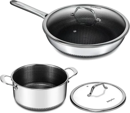 Vista 14 de Cacerola híbrida antiadherente de 1.5 cuartos de galón con tapa, olla de panal de acero inoxidable con dos boquillas de vertido, compatible