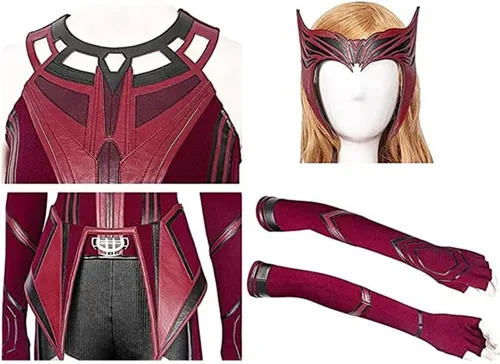 Vista 5 de Disfraz de Wanda Maximoff, vestido escarlata, corona de bruja, tocado, capa roja, pantalones, faja y guantes para Halloween, cosplay, conjunto