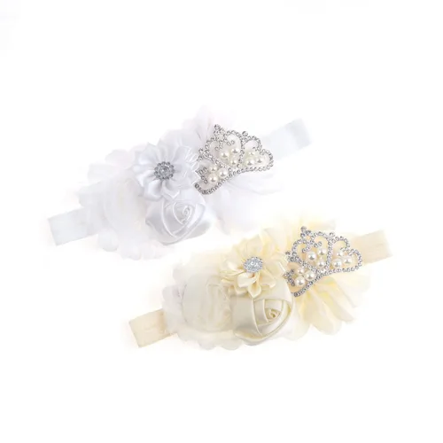 Vista 9 de Nishine Diadema elástica en pares para bautizo para bebés y niñas pequeñas, con flores, tiara elástica en pares (niños, marfil y rosa polvoriento)