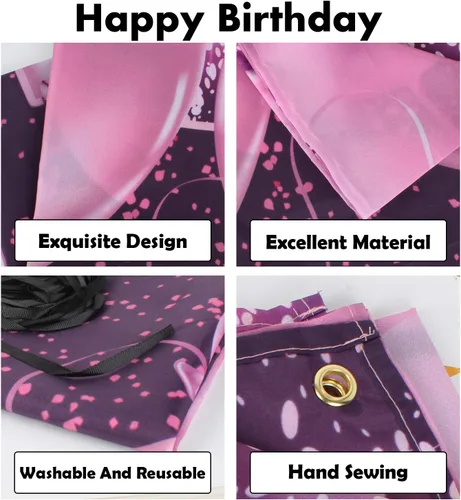 Vista 3 de pancarta grande rosa con texto en inglés “Happy Birthday