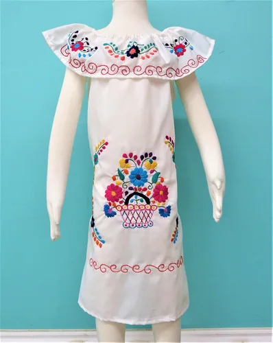 Vista 3 de Leos Imports Vestido tradicional mexicano Jocie bordado a mano, sin mangas, con volantes, vestido de fiesta para niñas, fabricado en México