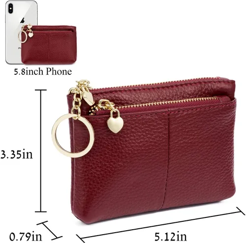Vista 5 de ZOOEASS Mini monedero con cremallera de cuero genuino para mujer, con llavero con triple cremallera, tarjetero