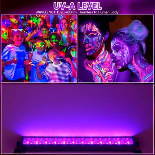 Vista 5 de Barra de luz LED negra de 48 W con control remoto e interruptor, barras de luz negra con enchufe y cable de 6.5 pies, luz negra para fiesta