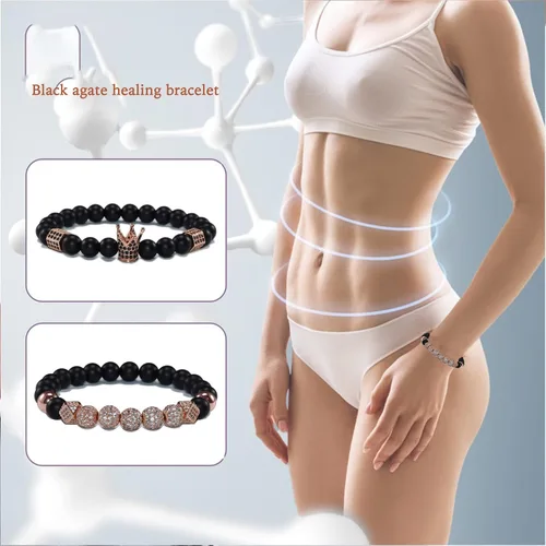 Vista 5 de YuziJewy 2 pulseras de cuentas de corona para hombres y mujeres, pulseras de cuentas de ágata negra de 0.315in, pulsera de piedra de ágata negra