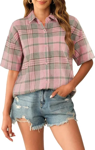 Vista 3 de Camisas de manga corta a cuadros para mujer, camisa con botones, blusa casual de verano