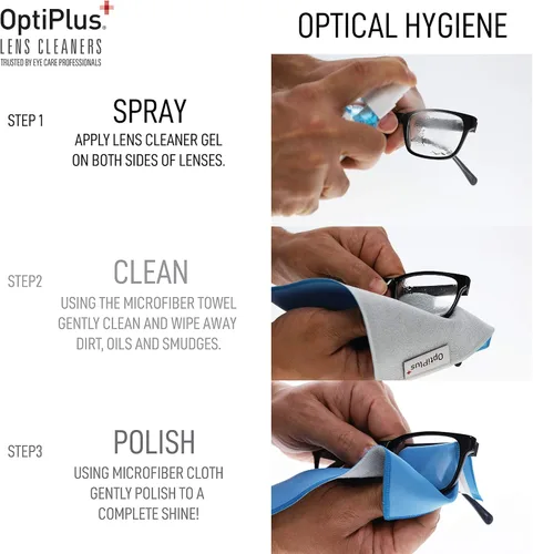 Vista 3 de OptiPlus Kit de limpieza de lentes de gel de 2 onzas Limpiador de lentes de gel antirreflectante y paño de microfibra de doble propósito
