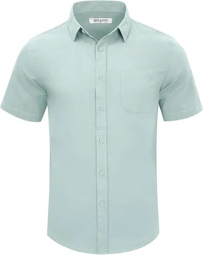 Vista 4 de Camisas casuales de lino con botones de manga corta para hombre, para playa, verano, cuello extendido, con bolsillo