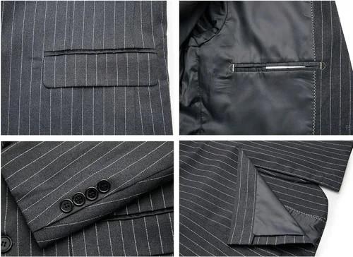 Vista 6 de MAGE MALE Traje de 3 piezas a rayas para hombre, ajuste delgado, elegante, de un solo botonadura, negocios, boda, fiesta, blazer y pantalones