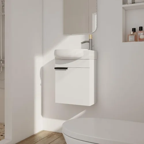 Vista 17 de Tocador de baño flotante de 12 pulgadas con fregadero, tocador de pared de 12 pulgadas, tocador de esquina, con 1 puerta y lavabo de cerámica
