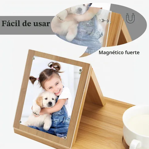 Vista 4 de Soporte para Libros de Bambú, Soporte Triangular para Libros con Marco de Imagen Acrílico, Descanso para Libros con Portavasos, Soporte para Tableta
