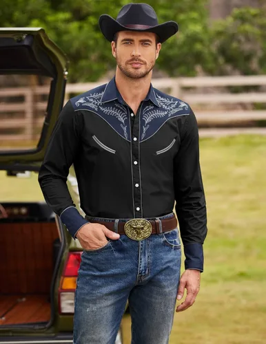 Vista 3 de COOFANDY Men's Western Embroidered Shirts Cowboy Casual Shirt Button Down Shirts