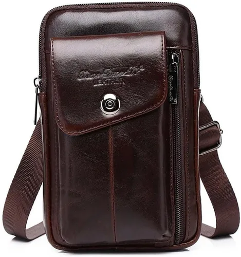 Vista 16 de Cuero Genuino Hombres Wasit Pack Con Correa De Cinturón De Hombro Bolsa De Teléfono Celular Style1-Negro