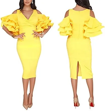 Vista 3 de VERWIN Vestido de noche con mangas con volantes y hombros descubiertos, cuello en V, elegante, sexy, para fiesta, noche, vestido ajustado