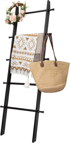 Vista 15 de Escalera para mantas, soporte de edredón de madera de 5 niveles, natural