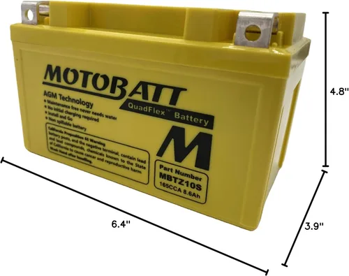 Vista 6 de MotoBatt MBTZ10S (12 V 8.6 Amp) 165CCA activada de fábrica QuadFlex AGM batería sustituye a YTX7A-BS, YTZ10S, ETZ10S, PC310