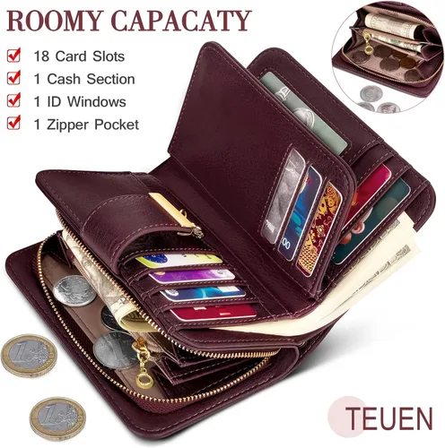 Vista 2 de Cartera pequeña con bloqueo RFID para mujer, de cuero, compacta, plegable, con 18 ranuras para tarjetas, con bolsillo para monedas, rojo (Red Wall)