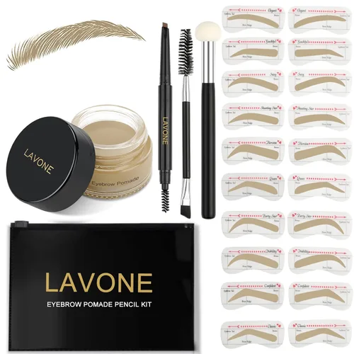 Vista 12 de LAVONE Kit de plantillas para cejas, trío de sellos para cejas con lápiz impermeable, pomada, 20 plantillas, cepillo de doble punta y aplicador
