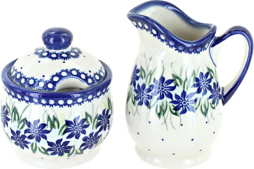Vista 5 de Set de crema y azúcar de flor de manzana y cerámica polaca de rosa azul