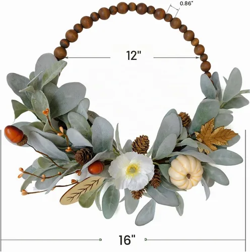 Vista 3 de TEMPUS Corona de madera de otoño de 16 pulgadas, con cuentas de conejo, hoja de oreja de conejo, corona de madera de calabaza artificial, corona