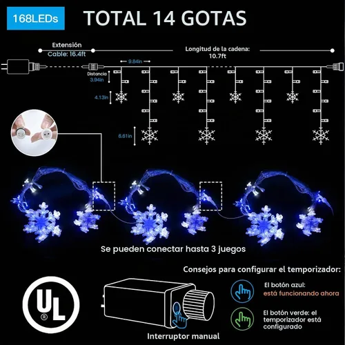 Vista 6 de suddus Luces de Carámbano de Copo de Nieve para Exteriores, 10.7 pies, 168 Luces LED de Cadena Navideñas Conectables Enchufables con 14 Tiras Azul