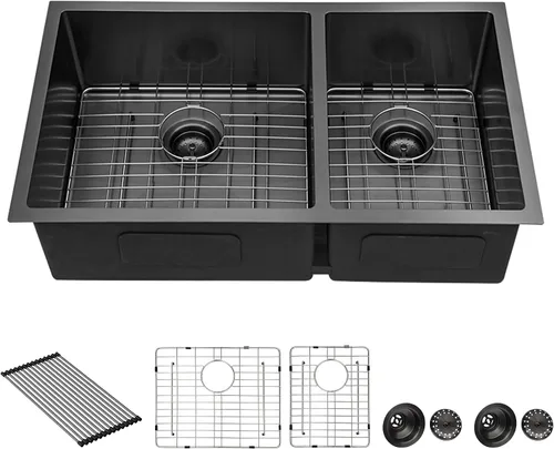 Vista 12 de Sarlai Fregadero de Cocina Dorado Bajo Encimera de 33 Pulgadas Doble Tazón 33 x 19 Pulgadas Bajo Dividido Dorado Estación de Trabajo Fregadero Doble
