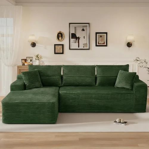 Vista 27 de Sofás seccionales sin hueso en forma de L de 108 pulgadas para sala de estar, moderno y cómodo sofá modular de pana comprimida de espuma