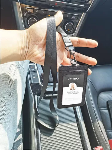 Vista 5 de Portatarjetas con cordón, tarjetero de cuero para identificación, tarjetero de ID con cordón vertical para oficina de trabajo (negro)