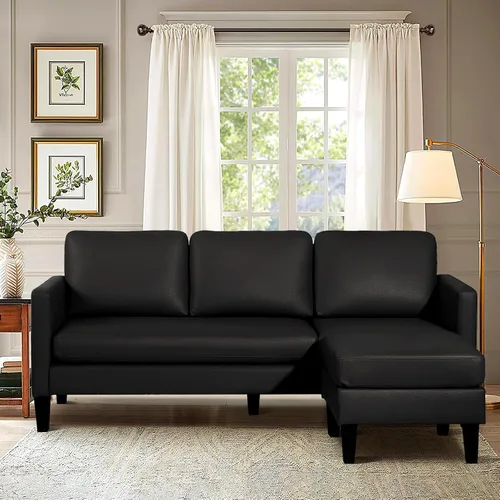 Vista 10 de Grepatio Sofá modular convertible, sofá en forma de L con tela de lino moderna para espacio pequeño (negro)
