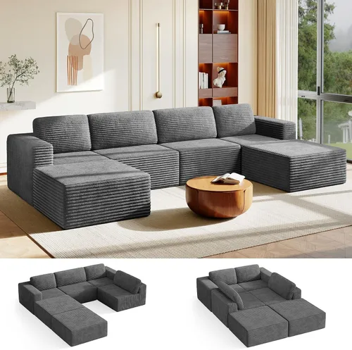 Vista 12 de Vesgantti Sofá modular en forma de U de 119 pulgadas, sofá modular de pana con asiento profundo y soporte de resortes, sofá convertible con 2 Beige