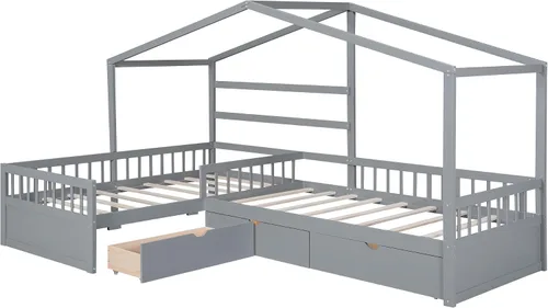 Vista 6 de Harper & Bright Designs Cama de plataforma de casa con cajones de almacenamiento y techo, marco de cama de madera tamaño individual con valla