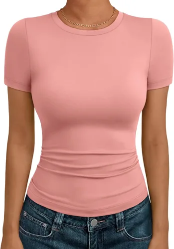 Vista 27 de AUTOMET - Camisetas básicas de manga corta para mujer, para verano, entrenamiento o gimnasio, con cuello redondo, ropa moderna estilo Y2K