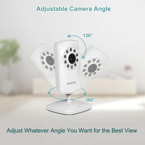 Vista 4 de OKAIDI Monitor de video para bebés con 2 cámaras, pantalla de viaje portátil de 2.4 pulgadas, transmisión de largo alcance de 1000 pies, monitor
