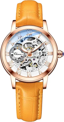 Vista 9 de MASTOP Relojes de mujer de zafiro automáticos Steampunk de cuerda automática mecánicos con pulsera de oro, reloj de esqueleto para mujer con correa