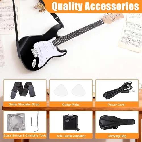 Vista 6 de Guitarra eléctrica Zeny 39 pulgadas tamaño completo, con amplificador, funda y accesorios, paquete para principiantes, Negro