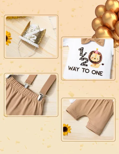 Vista 6 de DONWEN Conjunto de ropa de medio cumpleaños para bebé niño 12 Way to One con corbatín y tirantes cortos