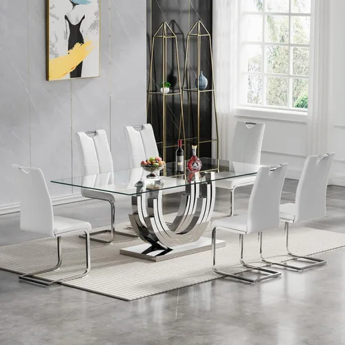 Vista 10 de Juego de mesa de comedor de cristal dorado moderno de 70 pulgadas para 4, juego de mesa rectangular de 5 piezas con base de acero en forma de anillo