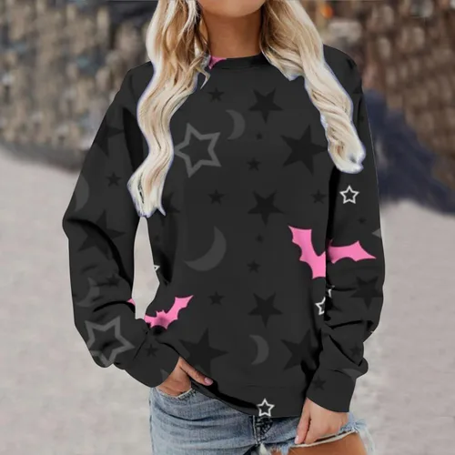 Vista 4 de Sudadera con estampado retro para mujer, camisa de cuello redondo de Halloween, novedad, cuello redondo