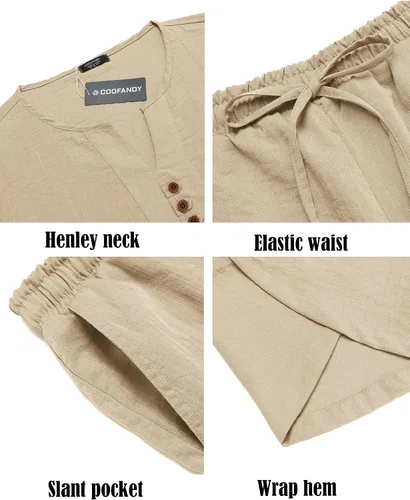 Vista 5 de COOFANDY Conjunto de 2 piezas de lino para hombre, camisa Henley de manga corta y pantalones capri harén, pierna ancha, holgados, pantalones de yoga
