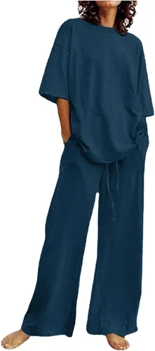 Vista 6 de Conjuntos de verano de 2 piezas para mujer, conjuntos elegantes y casuales de color liso, para verano, otoño, cuello redondo, tops y pantalones